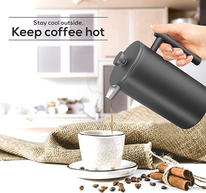 French Press Coffee Maker,Stainless Steel Double Wall Insulated Coffee Press 34 oz,4-8 Cups, Portable Hot Cold Brew Teapot Cafetera for Coffee Bar Accessories Kitchen Camping (Black,34oz)