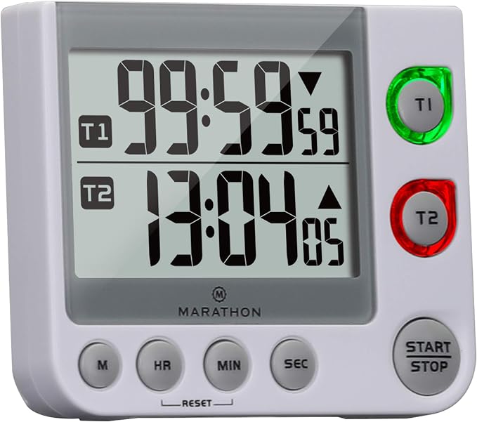 MARATHON Dual Digital Timer, 100-Hour Count Up/Down, Large Display, White | Adjustable Alarm Volume, Flashing Visual Alert, Magnetic Back and Tabletop Stand