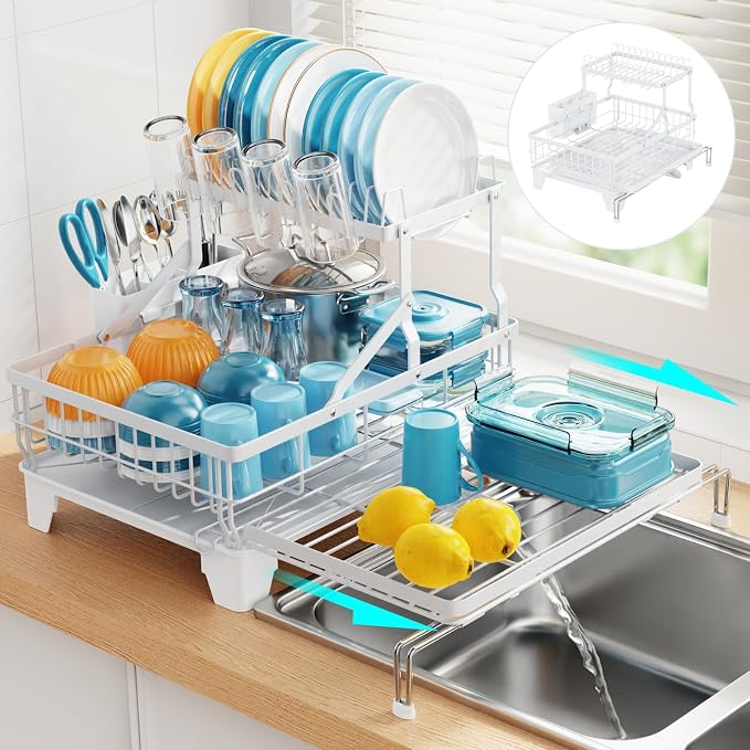 Large Expandable 2 Tier Dish Drying Rack - Over Sink & Counter Use | Extendable Drying Space, Auto-Drain Spout, Stable Screw-Fixed Frame, Cup & Utensil Holder, Rust-Resistant Kitchen Rack, White