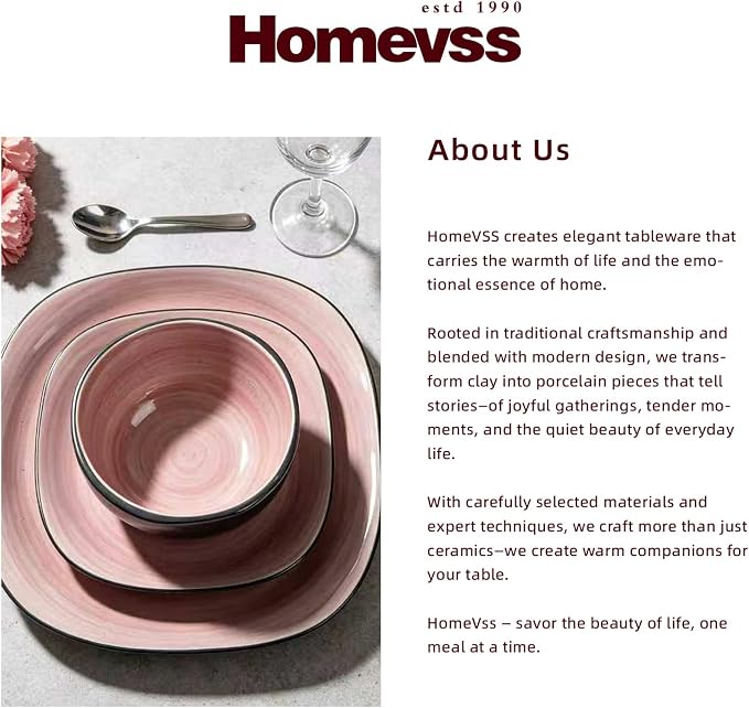 HomeVss, Stoneware Square 16pc Dinnerware Set, Inside Spinwaseh Swirl Rose + Outside Black