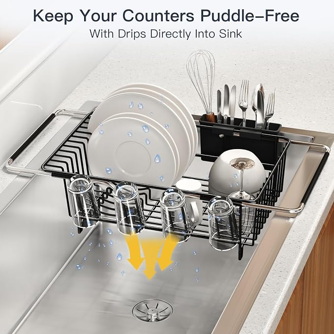 Dish Drying Rack Over The Sink with Utensil Holder | Expandable Stainless Steel Dish Drainer for Small Kitchen, Apartment, RV, Counter Space Saving, Perfect Fit, Rustproof