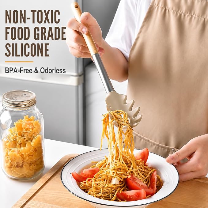 Silicone Kitchen Utensils Set, 9 Pcs Full-Size Non-Toxic Cooking Utensils with Wooden Handles & Stainless Steel Core, Heat Resistant Food Grade Kitchen Gadgets for Nonstick Cookware