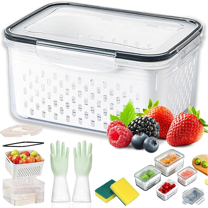 4 in 1 Food Storage Container with Lid, 2026 New Fruit Storage Containers for Fridge, Transparent Produce Storage Box with Drain Basket & Removable Colander for Salad Berry Vegetables (Gray, L)