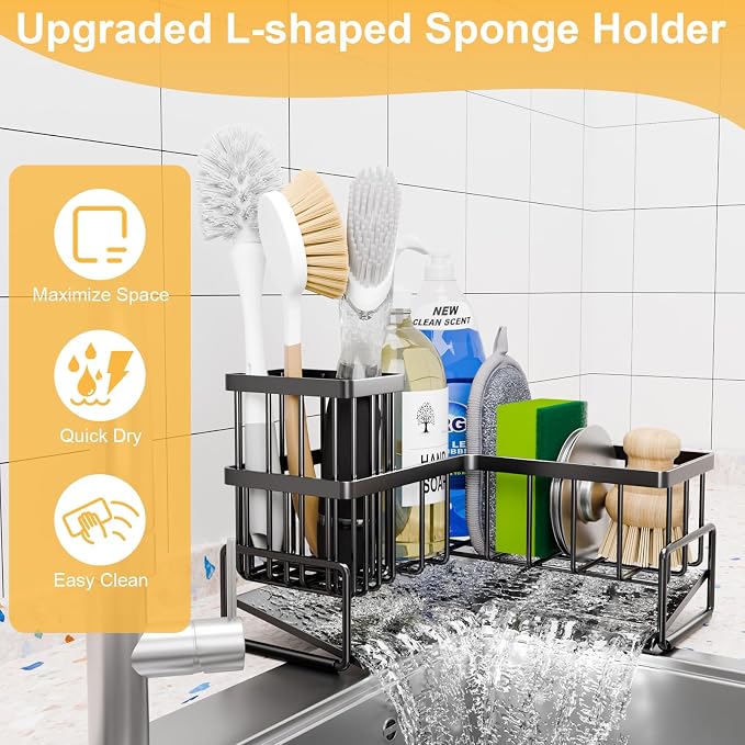 TEAMOLA Kitchen L-Shaped Sponge Holder - Large Metal Sponge Sink Caddy | Black Metal Corner Sponge Caddy, Sloped Drain Tray for Sink, Kitchen Countertop Organizer Holds Soap Brush Sponge Non-Slip