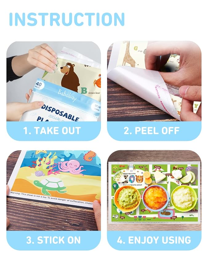 Babebay Disposable Placemats for Baby, 40 Pack Sticky Toddler Placemat for Restaurants, Dining Table, Party, Travel, 12" x 18" with 3 Designs