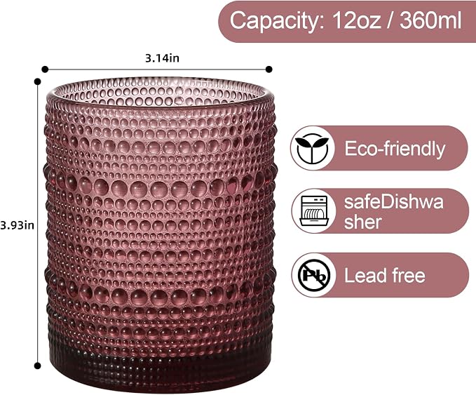 ZMOWIPDL Drinking Glasses Set of 6,12oz Purple Hobnail Glass Cups | Vintage Glassware，Embossed Water Tumbler,for Beer,Cocktail,Whiskey,Juice and Various Mixed Drinks- 1 Cleaning Brush