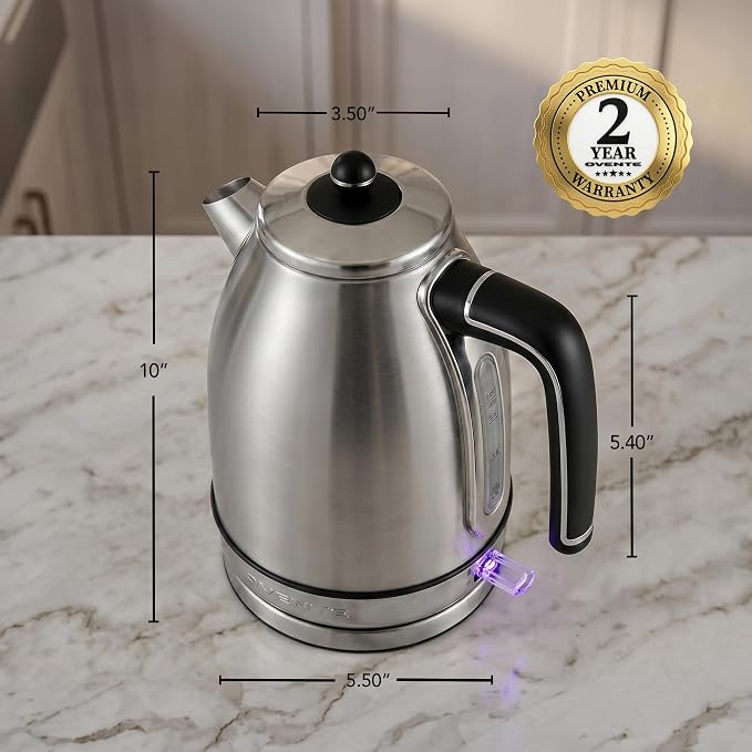 OVENTE 1.7L Stainless Steel Electric Kettle, 1500W Power, Silver KS777S | Fast Boiling Heater, BPA Free, Cordless Body Design, Auto Shut-Off, Boil-Dry Protection, Indicator Light and Removable Filter