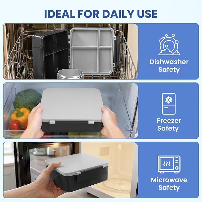 LOHASOK Bento Lunch Box for Kids with 8oz Soup Thermo, Black | 4-Compartment, Leak-Proof Lunch Containers with Insulated Food Jar and Silicone Foldable Spoon Fork