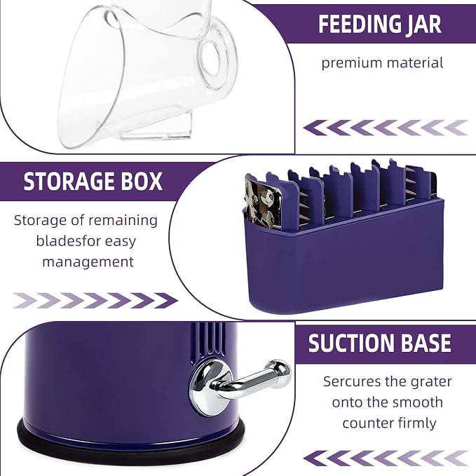 Rotary Cheese Grater with Handle, 5 Replaceable Blades(Purple) | Strong Suction Base, Round Food Slicer & Chopper for Kitchen Fruit Vegetables Nuts with Blade Storage Box