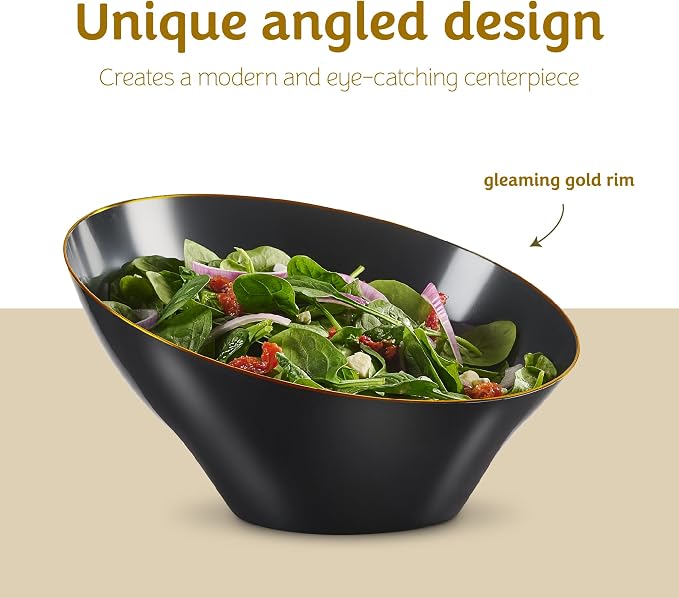 PLASTICPRO Angled Plastic Bowls Disposable Large Plastic Black Serving Bowls with Gold Rim for Party for Appetizer Salads Pack of 4