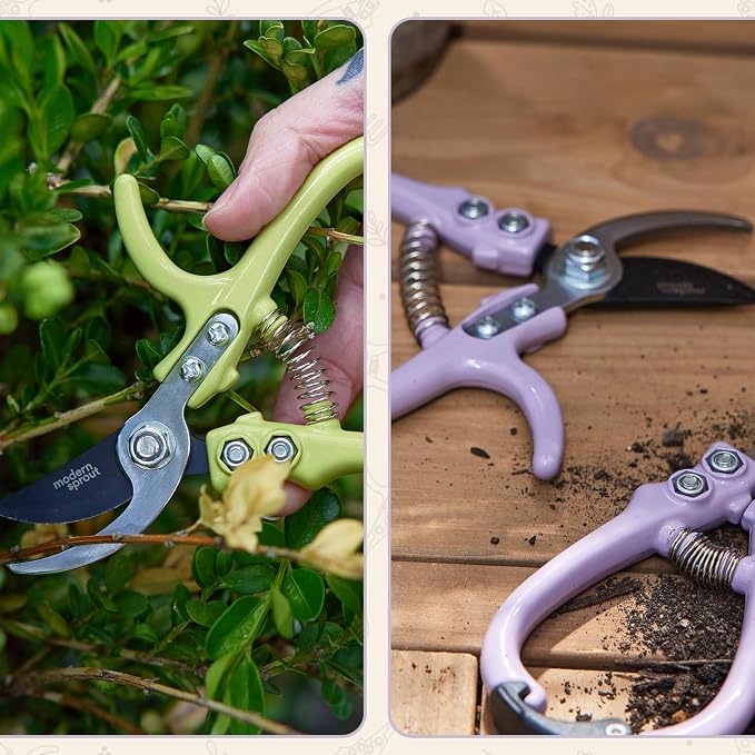Modern Sprout Bypass Hand Pruners - Scissors - Gardening Tools - Lavender | Lightweight Pruning Tool W/ Easy-Lock - Sharp Bypass Carbon Steel Blade - Rust-Resistant - Reusable Holster for Storage