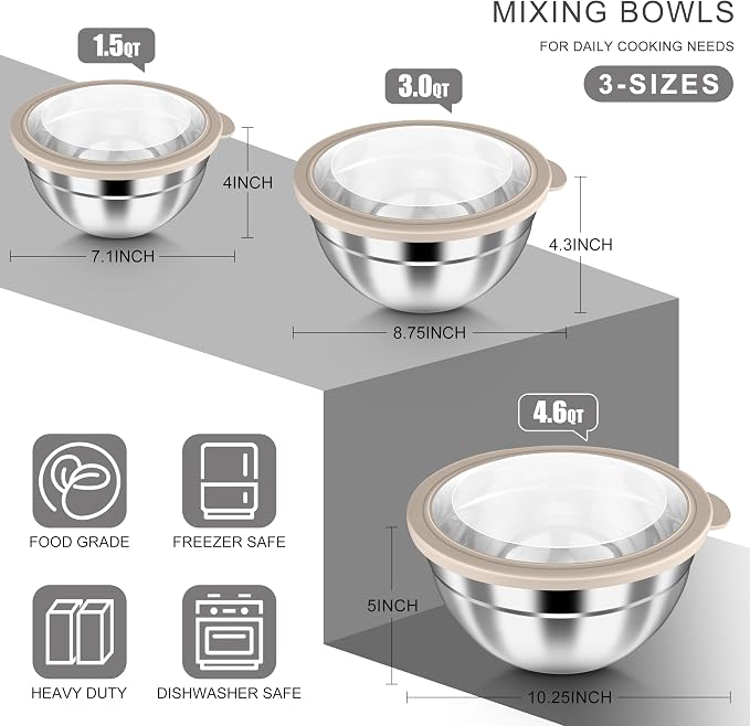HaWare Mixing Bowls with Clear Airtight Lids, Stainless Steel Nesting Bowls | 6-Piece Metal Salad Bowl for Cooking, Prepping, Baking, Serving & Food Storage, Size 4.6, 3, 1.5QT, Khaki