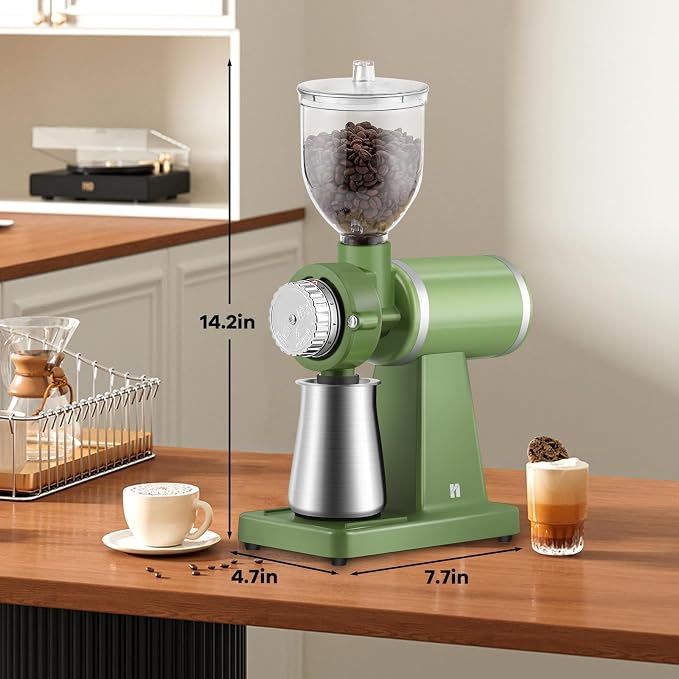 Huanyu 60mm Flat Burr Coffee Grinder, Retro Cream Green for Home Cafe | Stainless steel burr, 8 precision grind settings, 250g hopper, magnetic anti-splash outlet, sifting cup, for home cafe, 200w
