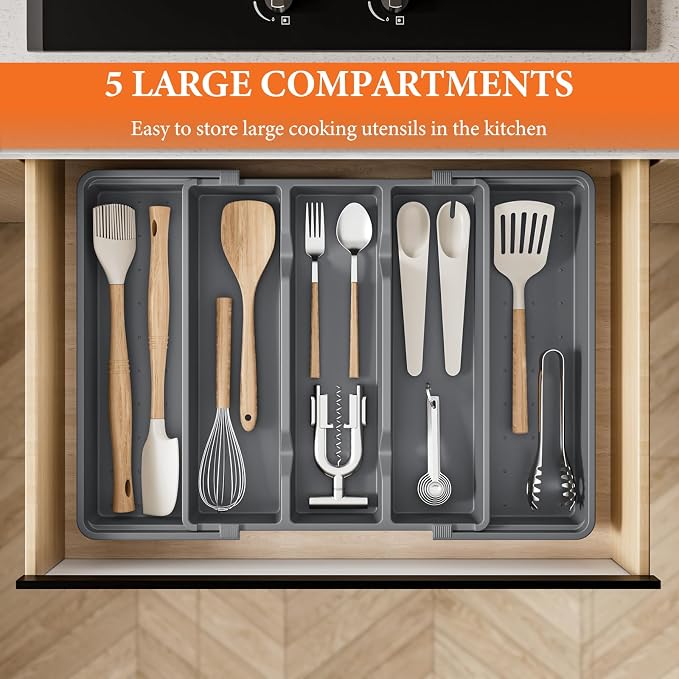 Large Expandable Silverware Drawer Organizer, Utensil Tray | Kitchen Drawer Organizer for Spoons/Forks/Knives, Multipurpose & BPA Free Cutlery Tray(1 Pack, Gray)