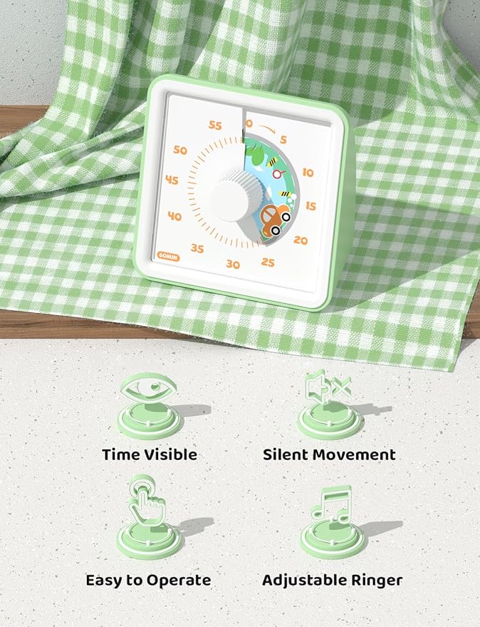 LIORQUE Visual Timer for Kids, 60 Minute Countdown Timer, Light Green | Non-Ticking, 3 Volume Levels with Mute Function, Timer for Kitchen Cooking Classroom ADHD, 2 AAA Batteries Included