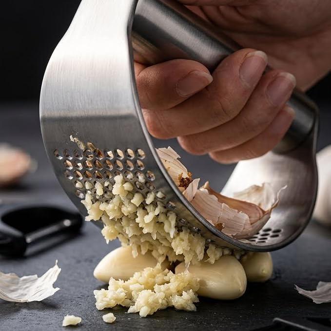 Angel's Peel Lounge Stainless Steel Garlic Press Rocker Set with Silicone Garlic Peeler & Cleaning Brush – Garlic Chopper, Mincer, Grater, Crusher (Stainless steel)