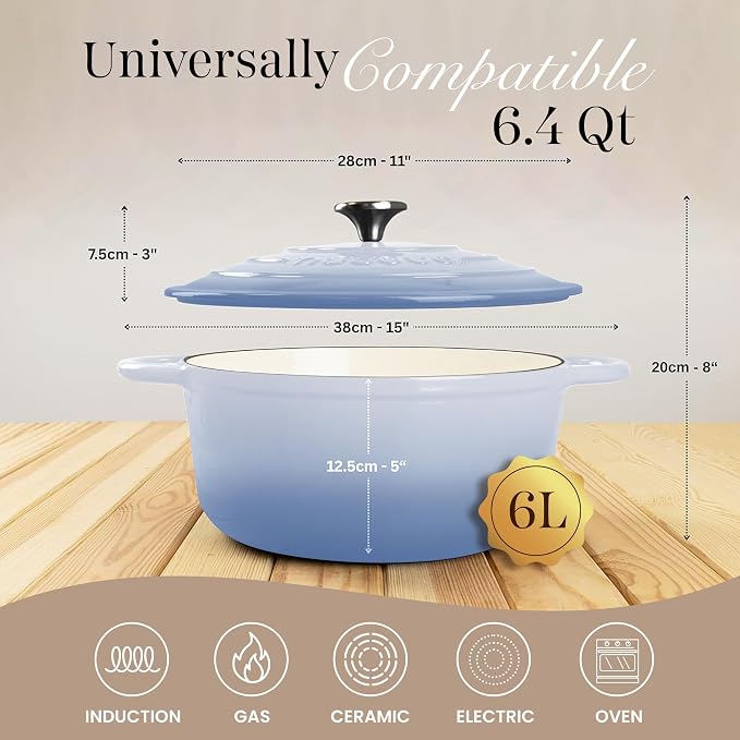 Nuovva Enamelled Cast Iron Dutch Oven Pot with Lid 6.4 Quart Non Stick Casserole Pot-Heavy Duty & Oven Safe up to 500° F for Bread Baking, Braising, Stews, Roasting - 28cm Coastal Blue