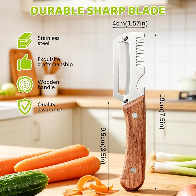 Left & Right Hand Vegetable Peeler Set with Scallion Slicer & Bottle Opener, Heavy-Duty Thick Stainless Steel Blade, Multi-Function Kitchen Peeler with Wooden Handle for Fruits & Vegetables(New 2pcs)