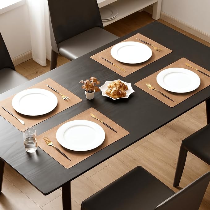 MOSAYT Vinyl Placemats Set of 6-12 X 17 Inch - Faux Leather 100% Waterproof Oil-Proof Wipeable PU Place Mats, Heat Resistant Reversible Table Mats for Kitchen, Dining, Outdoor, Camel