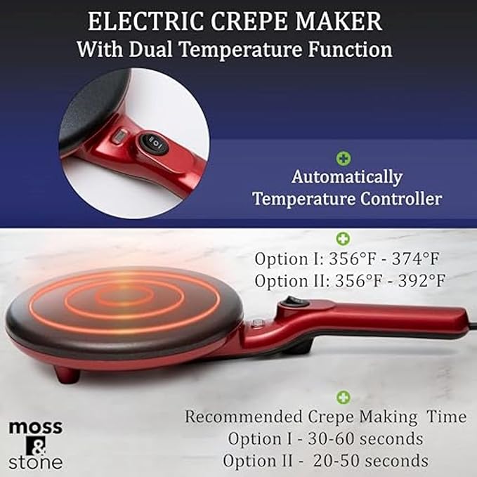 Moss & Stone Red Electric Crepe Maker, 8" Portable Nonstick Crepe Pan | Nonstick dipping plate, auto shut-off, on/off switch, even heating, dual temperature control, compact design