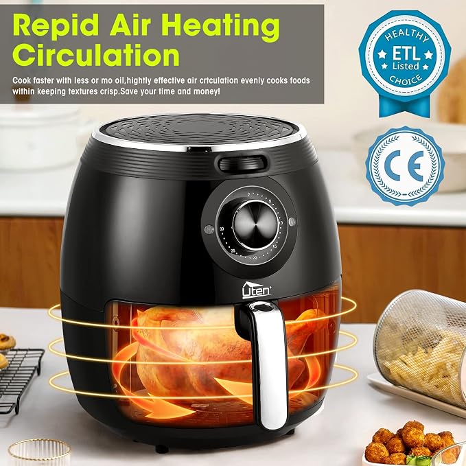 Air Fryer 5.8QT/5.5L, Uten 1700W AirFryer High-Power Electric Hot Temperature Control & Timer Knob, Non Stick Fry Basket, Dishwasher Safe, Apply to Party, Afternoon Tea, Black | Large Capacity 5.5L, 30 Minute Timer, Roast, Bake, Reheat, Nonstick & Dish...