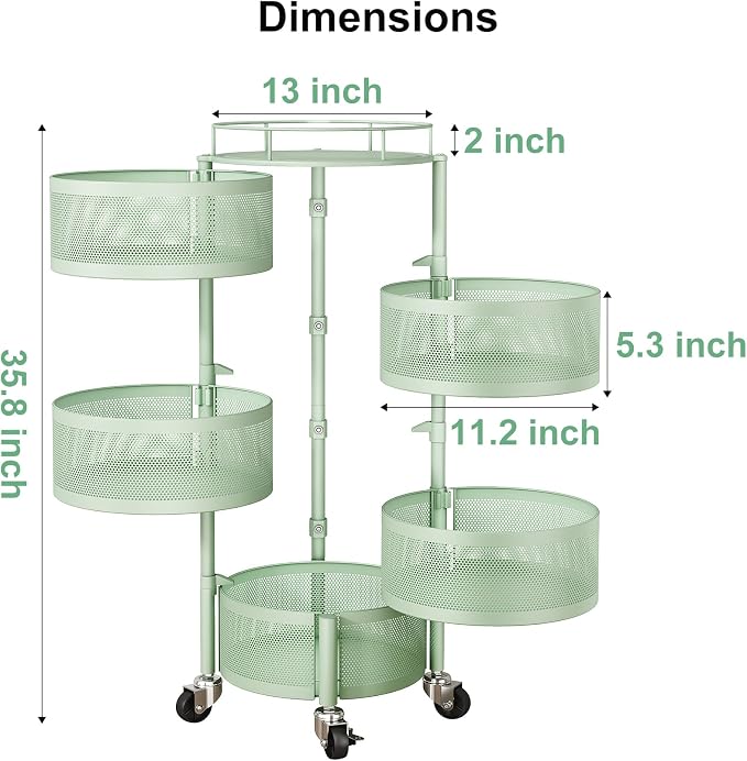 SAYZH 5 Tier Fruit Vegetable Basket Stand for Kitchen, Rotating, Green | Rolling Storage Cart with top lid, Large Metal Wire Rack for Potato and Onion Storage
