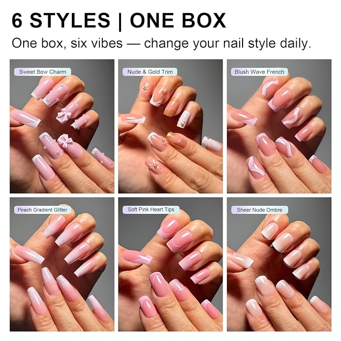 Press on Nails, 6 Packs (144 Pcs) Medium Square French Sets, Pink Charms