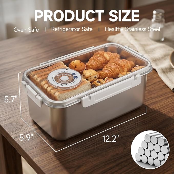 Large Stainless Steel Bread Storage Box with Lid | Large Capacity, Airtight Fresh-Keeping See-through Lid, Time Recording, Perfect for Homemade Loaf, Toast, Bagel and Cookies