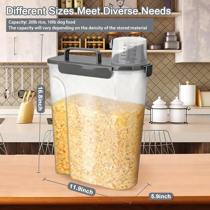 Rice Storage Containers, Rice dispenser with Pouring Spout Portable Handle for Flour, Pasta, Grain and Baking, Pet Dog Cat Bird Food Container 20 LB Grey