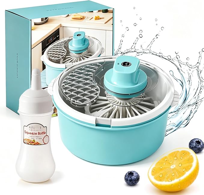 Electric Salad Spinner and Produce Washer, Cordless Fruit Cleaner Spinner with Non-Slip Base, Multifunctional Vegetable Dryer for Lettuce Greens Berries，Blue