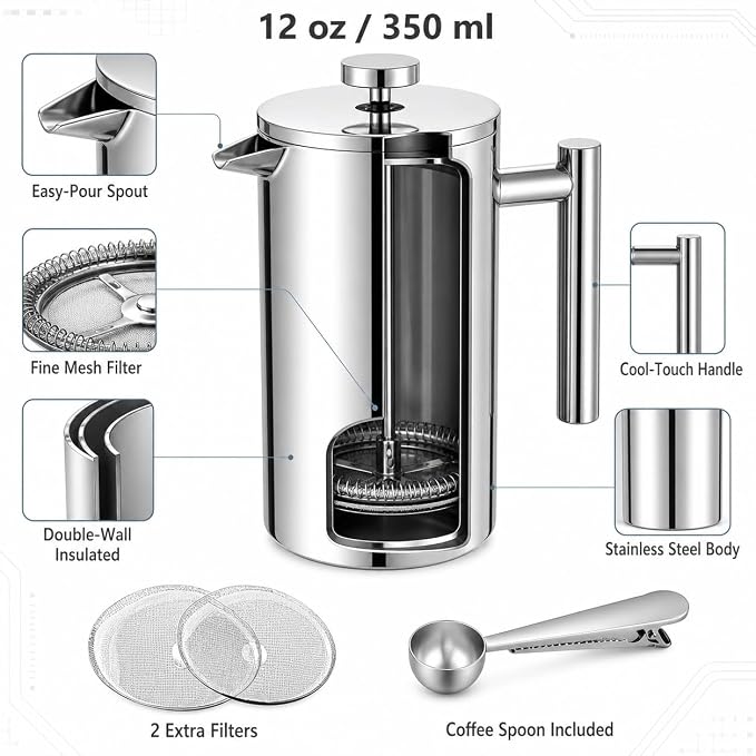 12 oz / 350 ml Stainless Steel French Press Coffee Maker, Double-Wall Insulated Small Coffee Press with 2 Extra Filters and Coffee Spoon, Single Serve French Press for Home, Office and Camping
