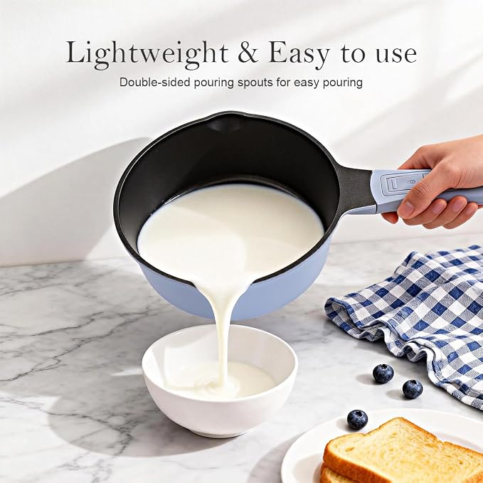 2.5 Qt Nonstick Sauce Pan with Lid, Sauce Pot with Pour Spout, Blue | Detachable Handle, Suitable for All Stoves, Including Induction, Oven Safe, PTFE & PFAS & PFOA Free
