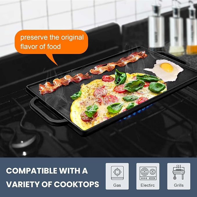GGC Cast Iron Reversible Griddle | Double-sided Griddle Pan for Stove Tops and Gas Grills, 17"x 9" Rectangle Griddle Plate with Flat and Ribbed Side for Cooking
