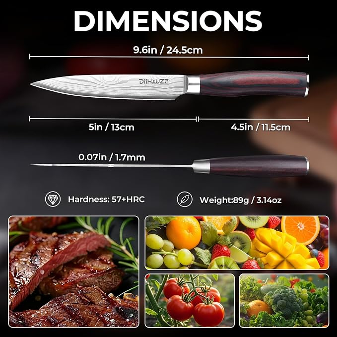 DiiHAUZZ Kitchen Utility Knife, 5 Inch Paring Knife, High Carbon Steel | Ultra Sharp Edge, Ergonomic Pakkawood Handle, Non Slip, Light Weight, Crack Resistant, Snap Resistant, Sheath, Gift Box
