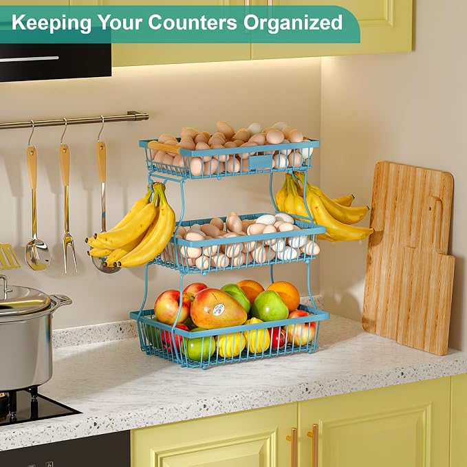 3 Tier Fruit Basket for Kitchen Counter with 2 Banana Hangers, Countertop Metal Fruit Bowl with Wooden Handle, Large Storage Stand for Vegetables, Snacks, Breads, Produce Storage – Blue