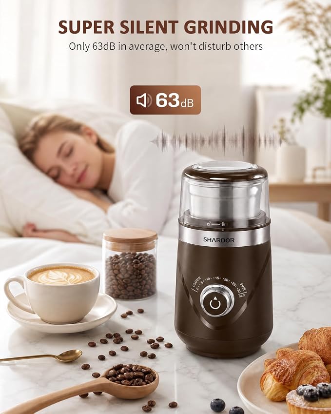 SHARDOR Electric Super Silent Blade Coffee Grinder, Timed Grind Control Rotary Knob, Adjustable Coarse to Fine for Coffee Beans, Spices & Herbs, with 2 Removable Stainless Steel Bowl, Brown