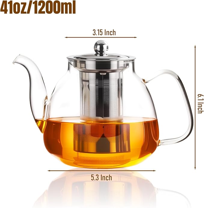 PARACITY Tea Pot with Infuser and Lid, 40 oz Stovetop Glass Kettle, Clear | Borosilicate body has a removable 18/8 stainless steel strainer, wide mouth and eagle-beak spout for loose leaf or blooms
