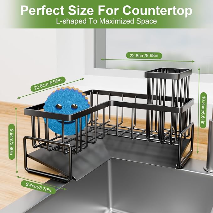 Fikoksol Large Sponge Holder for Kitchen Sink, 90-Degree Sink Caddy Storage | Self Draining Sponge Rack for Countertop, Metal L-Shaped Dish Soap Organizer with Brush Holder, Corner Sink Storage Ideas