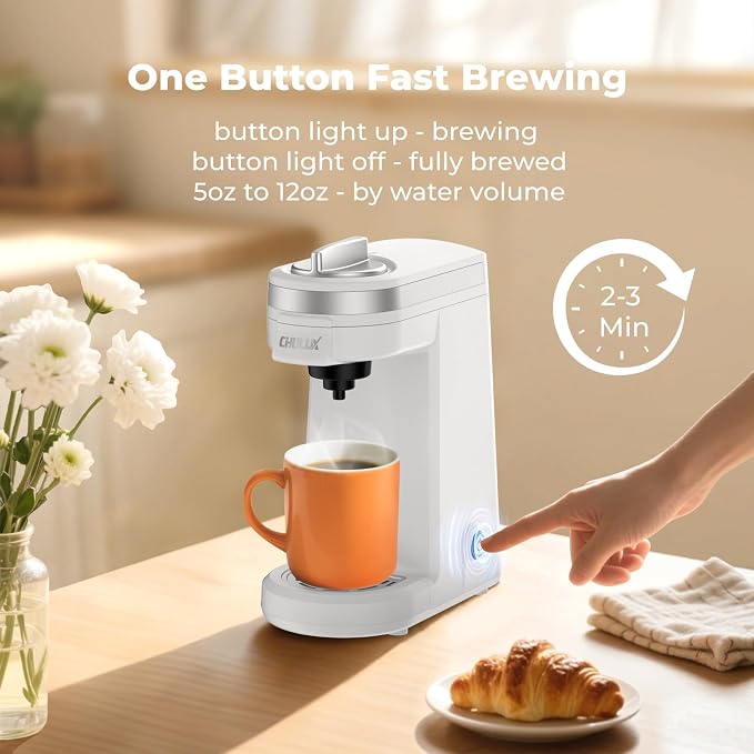 CHULUX Mini Single Serve Coffee Maker, Portable Pod Coffee Machine, White | Fast-Heating Boiler System, Single Cup Brewing, Portable Compact Design, Four-Hole Multi-Stream Needle, Adjustable Drip Tray