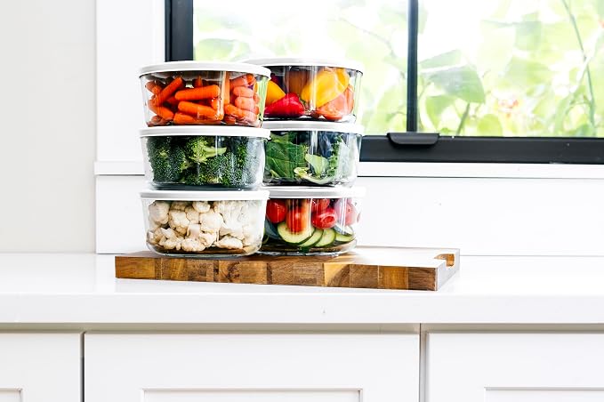 12-Piece Glass Food Storage Containers Set (6 Containers + 6 BPA-Free Lids) | 4-Cup, Leakproof | Microwave, Freezer, Oven & Dishwasher Safe | Ideal for Meal Prep & Pantry Organization, White