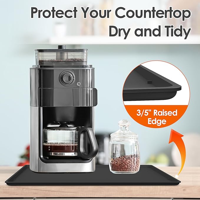 Silicone Coffee Maker Mat with Lip for Countertops, 19.7'' x 15'', Black | Multi leak-proof coffee tray for countertop, non-slip silicone tray for under coffee machine espresso accessory, wipe-clean
