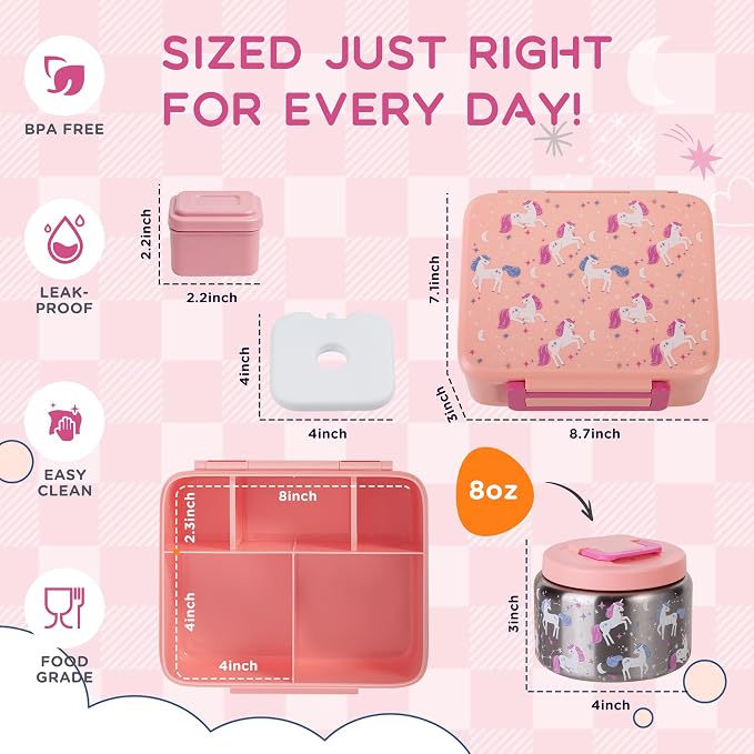 Kids Bento Lunch Box with 8oz Thermo, Ice Pack & Dividers for School | Food Container 5 Compartments,Insulated Food Jar,Keep Warm&Cold,Removable Dividers,Leak-Resistant,BPA-Free,Easy to Clean