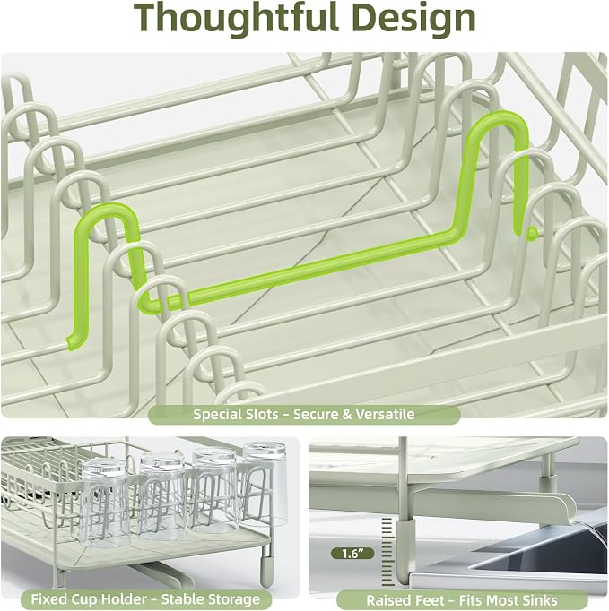 Urackify Extendable Dish Rack, 18.5"-26.7" L x 12.7" W, Soft Celery Green | Multifunctional large dish rack with cup holder and built-in cutlery holder for versatile drying needs