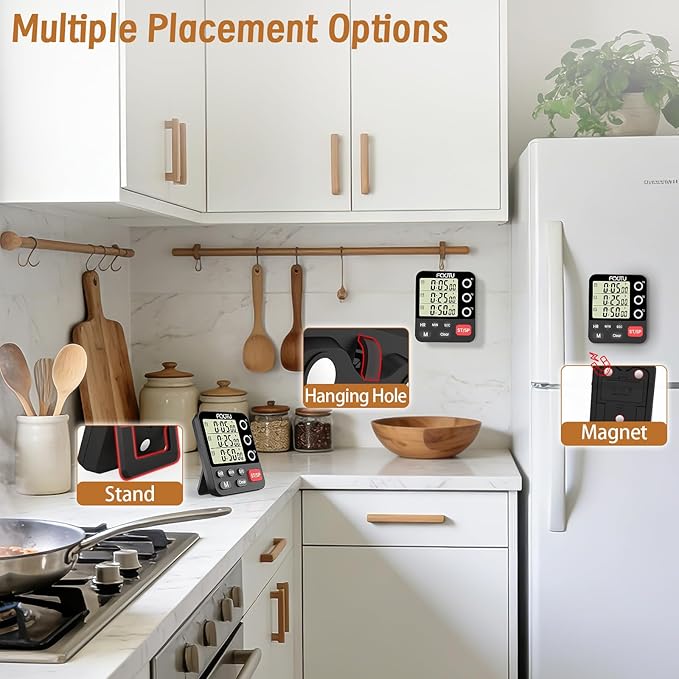 Digital Dual Kitchen Timer, 3-Channel Triple Magnetic Countdown for Cooking | Multi-Groups Independent Countup Food Timer, Large Display, Memory Presets, Loud Alarm & Mute, 3A Battery & Stand Included
