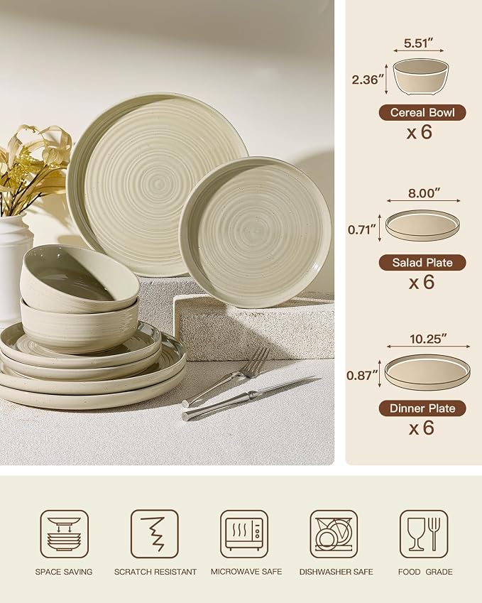 Stoneware Dinnerware Set for 6, White Honey Plates & Bowls | 18-Piece Ceramic Speckled Spiral Dishes, Chip & Scratch Resistant, Microwave & Dishwasher Safe, Everyday Use, Farmhouse Style