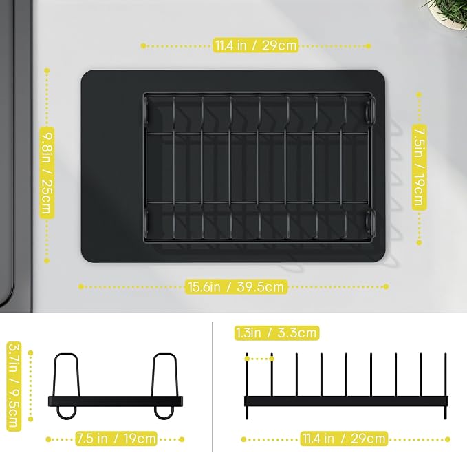 Compact Stainless Steel Dish Drainer & Dish Mat Set, Black | Rust-proof stainless steel dish rack with quick-drying, easy-to-clean mat. Fits kitchen counter, apartment or RV.