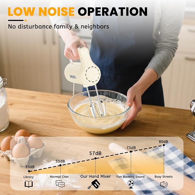 Lord Eagle 5-Speed Small Hand Mixer Electric, 300W Compact Portable, Cream | Handheld Kitchen Mixer Egg Beater with 5 Attachments & Storage Bag, Cake Supplies for Bread Dough Baking, Lightweight