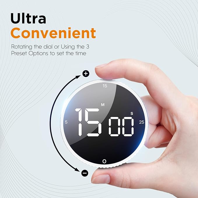 Digital Kitchen Timer - Magnetic Countdown Count Up Clock with Large LED Display, 5/15/25 Min Presets, 3 Volume Levels, Rotary Dial for Cooking, Productivity, Classroom, Fitness (2, White)