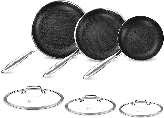 LOLYKITCH 8-10-12 Inch Nonstick Frying Pan Set with Glass Lids | PFOA Free | Hybrid Stainless Steel Skillet | Non-Toxic | Stay-Cool Detachable Handle | Dishwasher and Oven Safe | Induction Ready