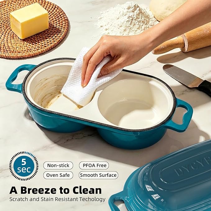 Enameled Cast Iron Double Round Bread Loaf Pot with Lid – 16cm Diameter Mini Dutch Oven for Sourdough Bread Baking, 500°F Oven Safe Non Stick Bread Pan, Double Dutch Oven for Meatloaf, Cake, Even Heating – Emerald